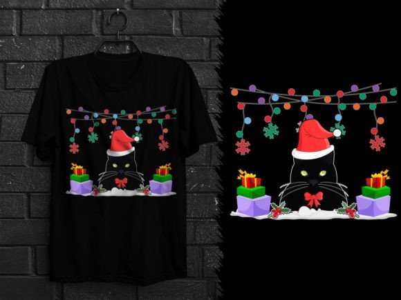 Black Cat Christmas Lights Cat T Shirt Graphics & Design